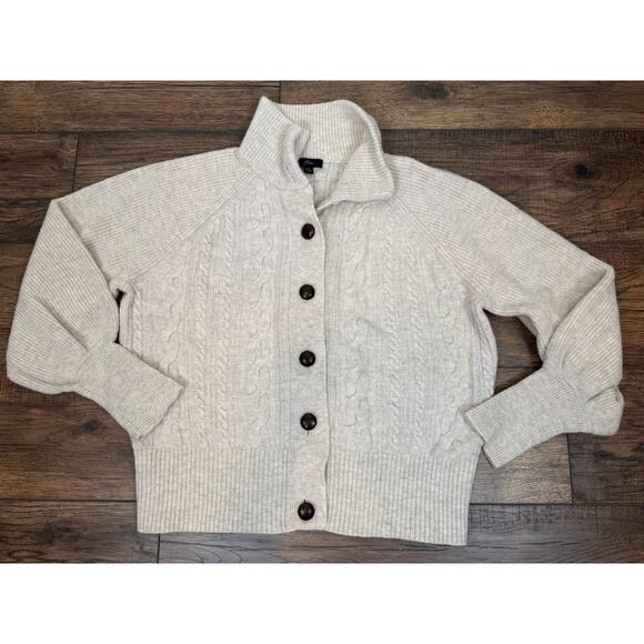 J. Crew Balloon Sleeve Cable Knit Lambs Wool Blend Cardigan Sweater Cream XL - Picture 1 of 8